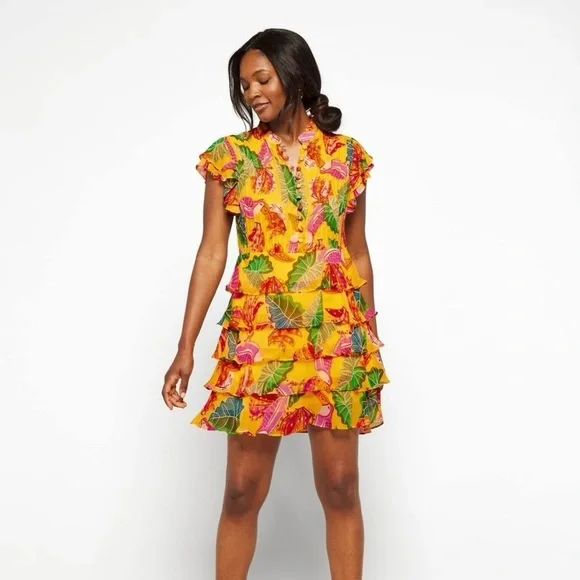 Farm Rio Anthropologie • Tiered Beaks & Bananas Dress • sz Large - Picture 2 of 10